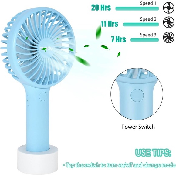 Portable Handheld Fan 3 Speed Mini USB - 7-20 Hours Runtime - Cream Blue + Pink - Picture 6 of 12